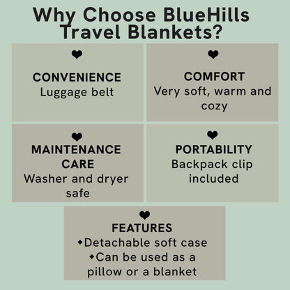 BlueHills Premium Soft Travel Blanket Pillow Airplane Blanket Packed in Soft Bag Pillowcase with Hand Luggage Belt Compact Pack Large Long Flight Essentials Portable Navy Blue T002