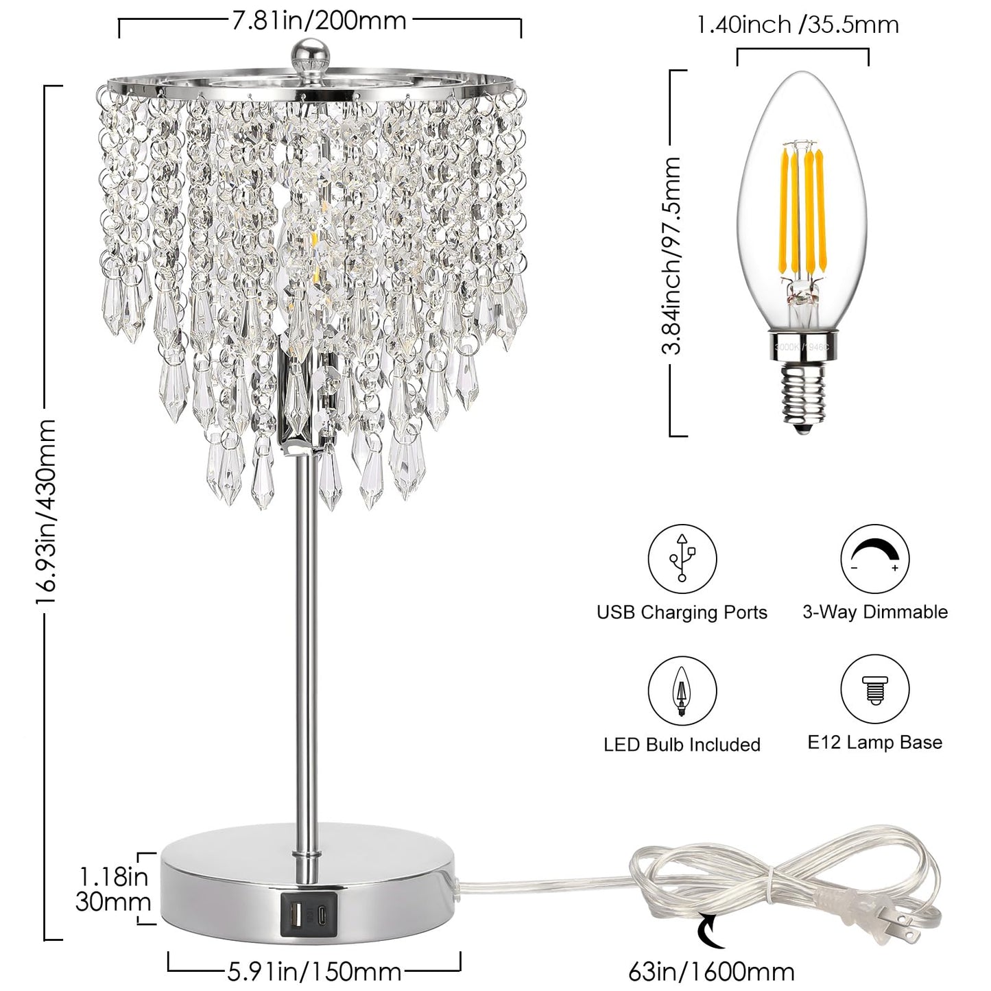 Touch Control Crystal Table Lamp with USB C+A Charging Ports, 3-Way Dimmable Bedside Touch Lamp Decorative Nightstand Lamp with Elegant Lampshade for Living Room Bedroom, B11 LED Bulb Included