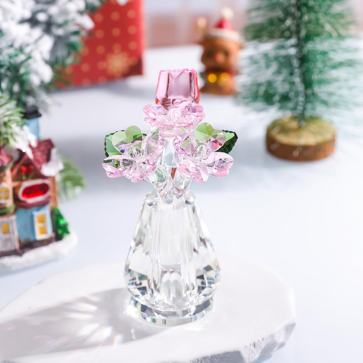 Crystal Rose Flower Figurine with Vase, Handmade Glass Flower Gifts for Woman, Wedding Gifts for Wife, Home Party Decorations (Pink)