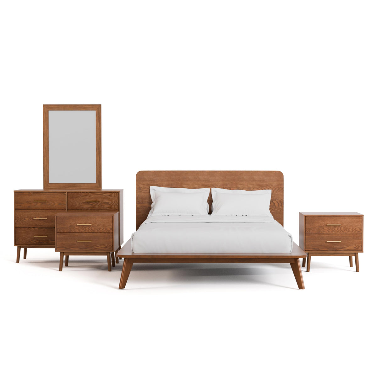 Furniture of America Wyatt Modern Solid Wood Bedroom Collection with Queen Bed Frame, Nightstands, Dresser with Mirror, No Box Spring Needed, Walnut, Standard Low Profile, 5-Piece Set