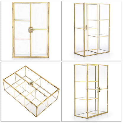 ELLDOO 5 Slots Clear Glass Storage Box, Gold Jewelry Makeup Display Organizer Case, Decorative Tower Box Storage for Trinket Perfume Lipstick Figure Statue Toy Display