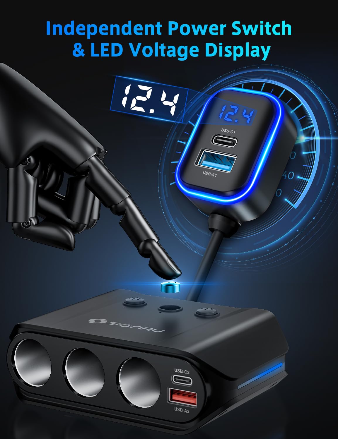 7 in 1 Cigarette Lighter Splitter, 180W [Dual PD & QC 3.0] Car Charger Adapter, 12V/24V Car USB Adapter Multi Socket with Voltmeter Fast Charging for iPhone 16/15/14 Samsung Galaxy Laptop Car Devices