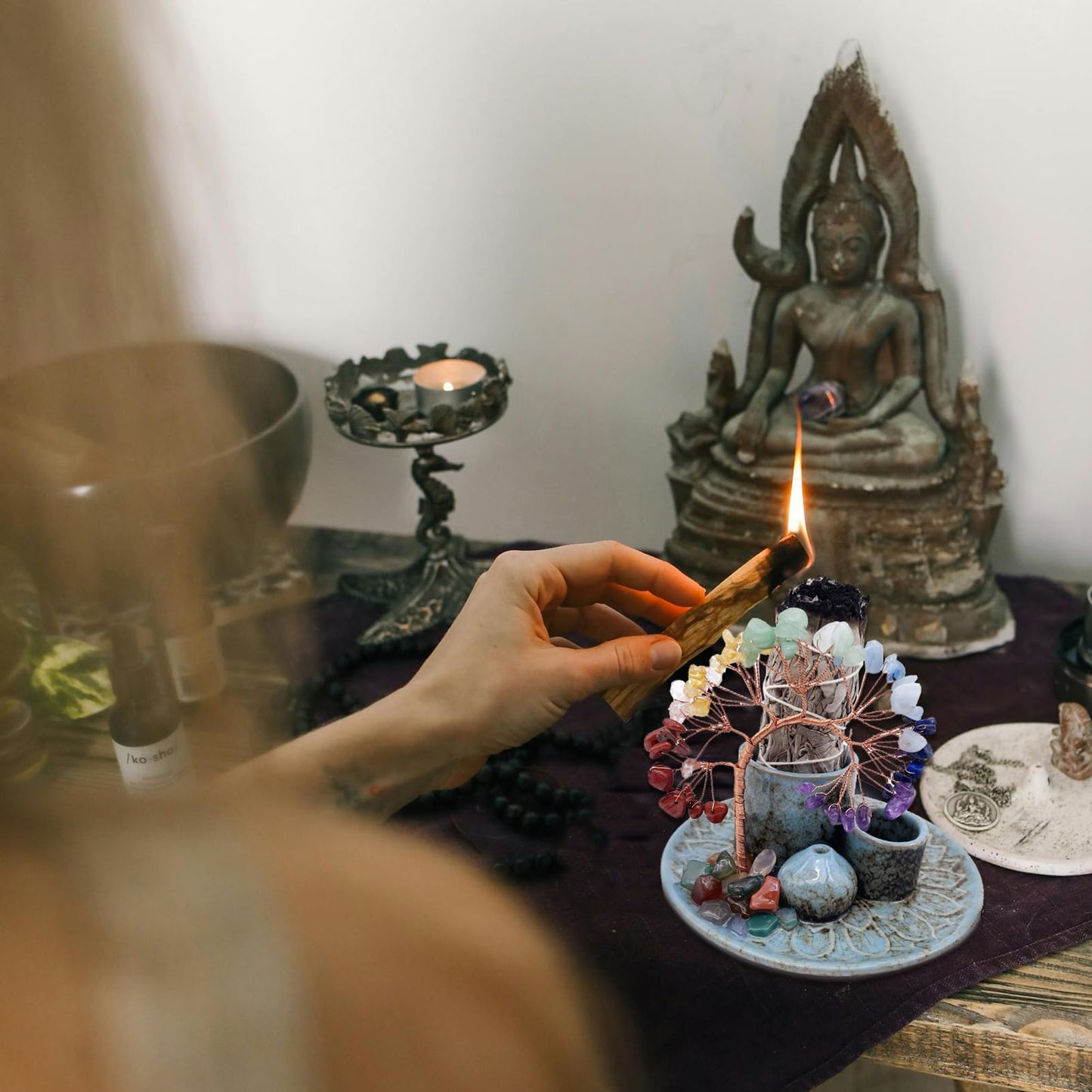 5 in 1 Incense Burner Holder with Crystal Healing Tree, Palo Santo Holder, Sage Holder, Incense Holder for Sticks/Cones/Candles, Ceramic Tray Ash Catcher for Burning Incense, Meditation Gift