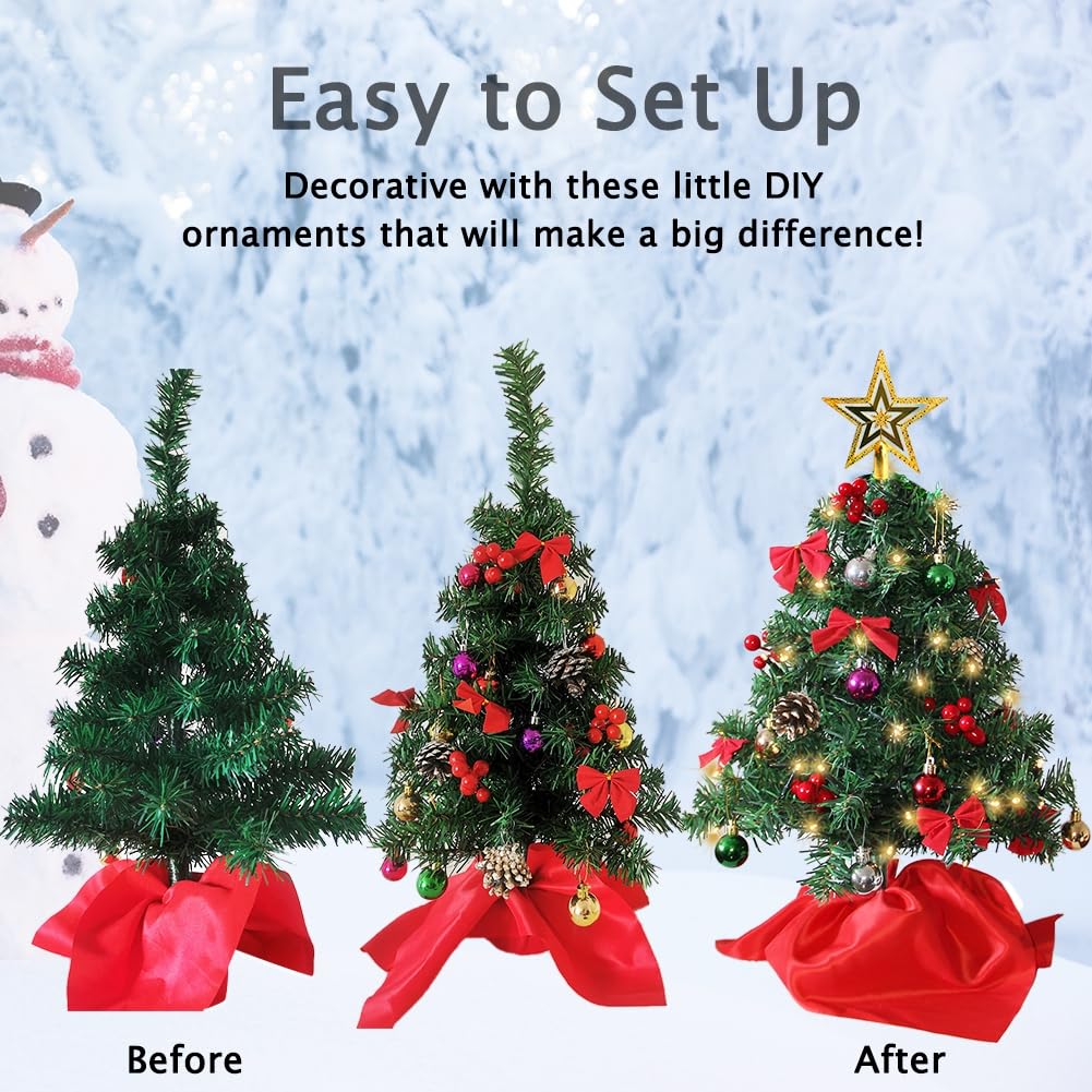 Juegoal 24 Inch Mini Christmas Tree Set, Table Top Artificial Christmas Trees with 50 LED Lights, Ornaments and Red Berries, Best DIY Christmas Decorations