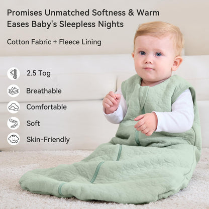 Unnivoll Baby Sleeping Bag 2.5 Tog 12-18 Months 100% Cotton Winter Sleeping Bag Baby 2-Way Zipper Quilted Sleep Sack for Newbron Infant Warm Soft Green