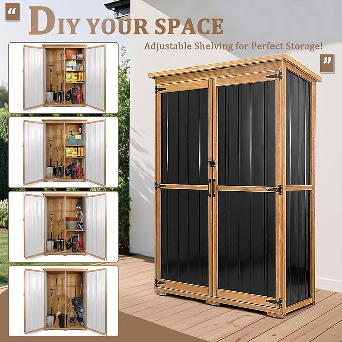 PetsCosset 46" L Large Outdoor Storage Cabinet with Shelves, Wood & Metal Storage Shed Weather-Resistant, Outside Storage Cabinet for Garage Patio Backyard Garden with Waterproof Roof