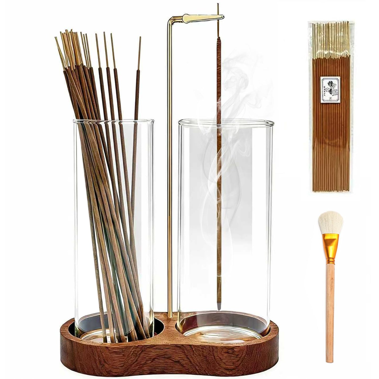 Ceremony Incense Holder, 2 in 1 Wooden Incense Holder for Sticks, Anti-ash Incense Burner with Glass Ash Catcher for Meditation Yoga Spa Room Decor