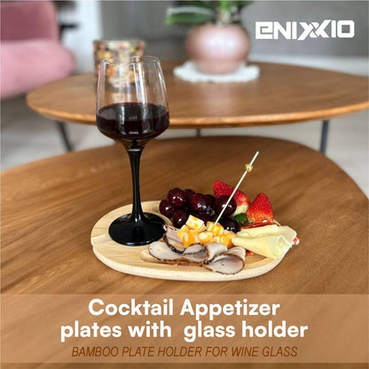 ENIXXIO 4 PCS Wine Appetizer Plates for Wine & Cheese Parties – Individual Mini Charcuterie Boards with Wine Glass Topper Appetizer Plates, Cheese Board with Wine Holder and 100 Bamboo Picks