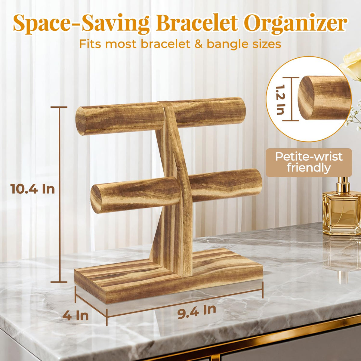 EsLuker.ly Bracelet Holder Display Wooden Stand Organizer, T Bar Bangle Storage Rack for Home Vendors Business Selling, Large Capacity 2 Tier Jewelry Tree Tower for Watches, No Clutter, Rustic Brown