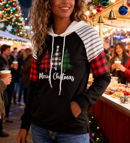 Merry Christmas Buffalo Plaid Tree Striped Splicing Hoodie Shirt Blouse for Women Christmas Color Block T Shirt Top(Black, Large)