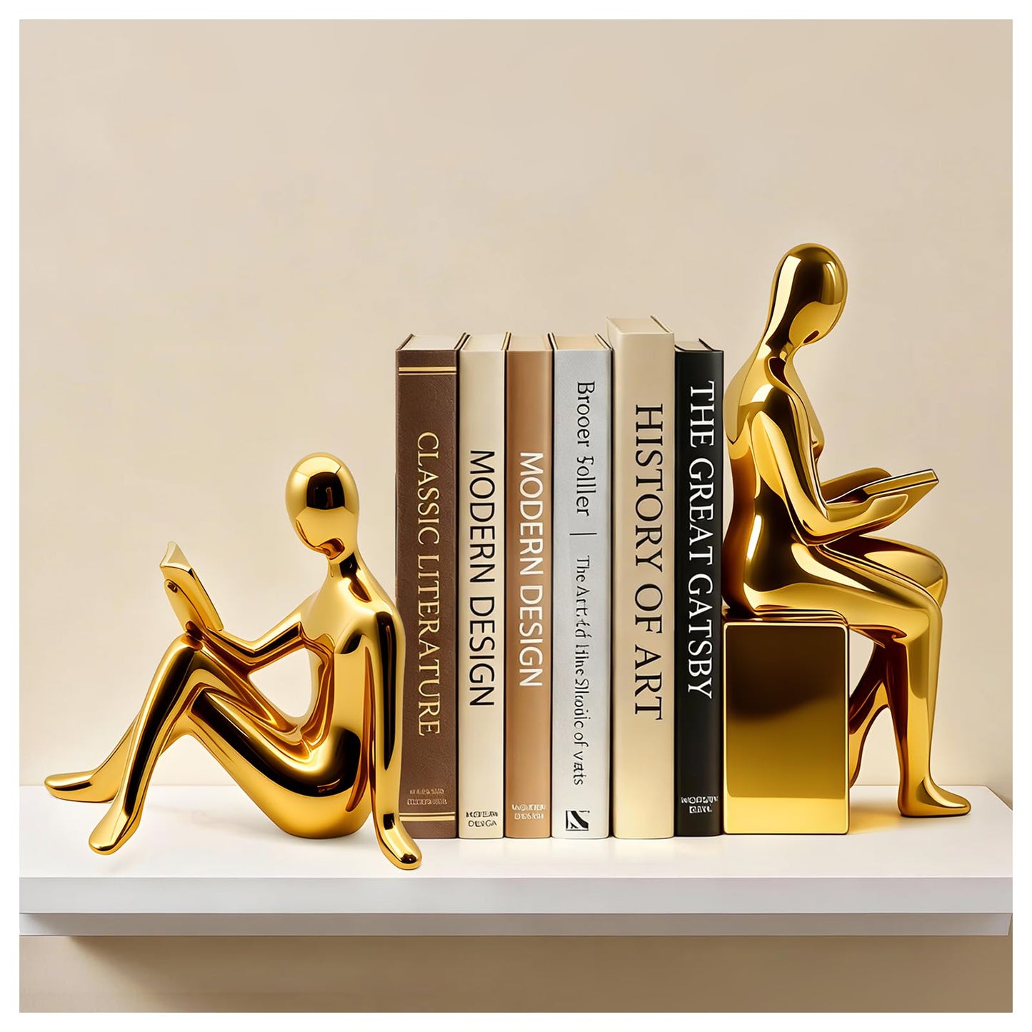 Decorative Bookends Set, Ceramic Book Ends for Shelves, Home Office Aesthetic Book Stopper, Reading Book Holder Statues for Bookshelf Bedroom Living Room Decor (Gold)