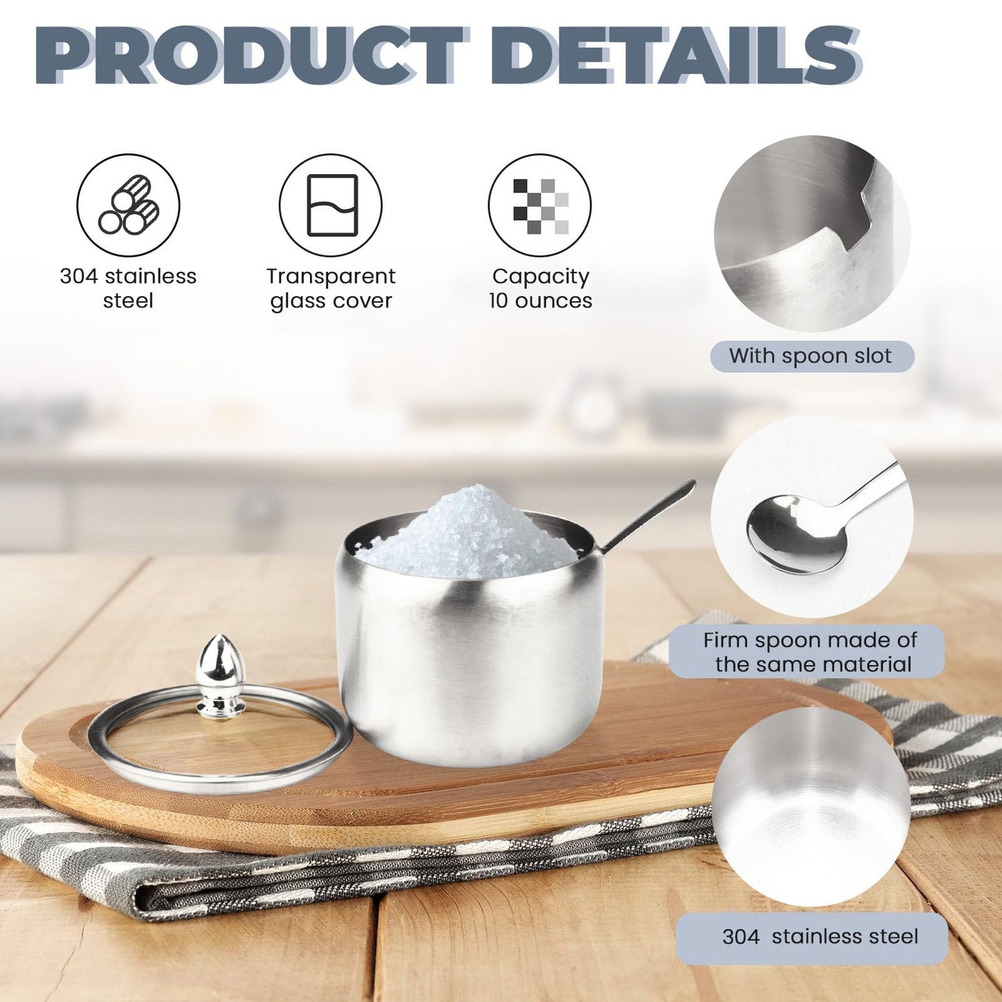 2 Pieces Stainless Steel Sugar Bowl with Lid and Spoon, 8.45 Oz/250 ML Sugar Container for Coffee Bar, Salt Bowls for Countertop Kitchen Storage Pepper Seasoning Coffee Bean Candy Spices, (Silver)