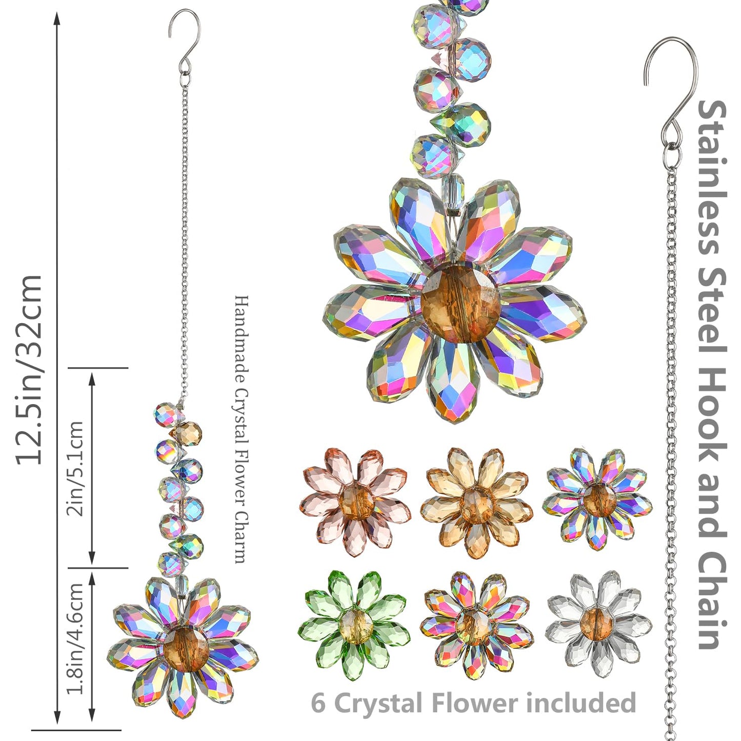 HDCRYSTALGIFTS 6PCS 12.5'' Crystal Sunflower Suncatchers for Window Hanging, Window Sun Catchers Crystals Rainbow Maker Light Catcher Indoor Outdoor Garden Decor Glass Ornaments for Christmas Tree