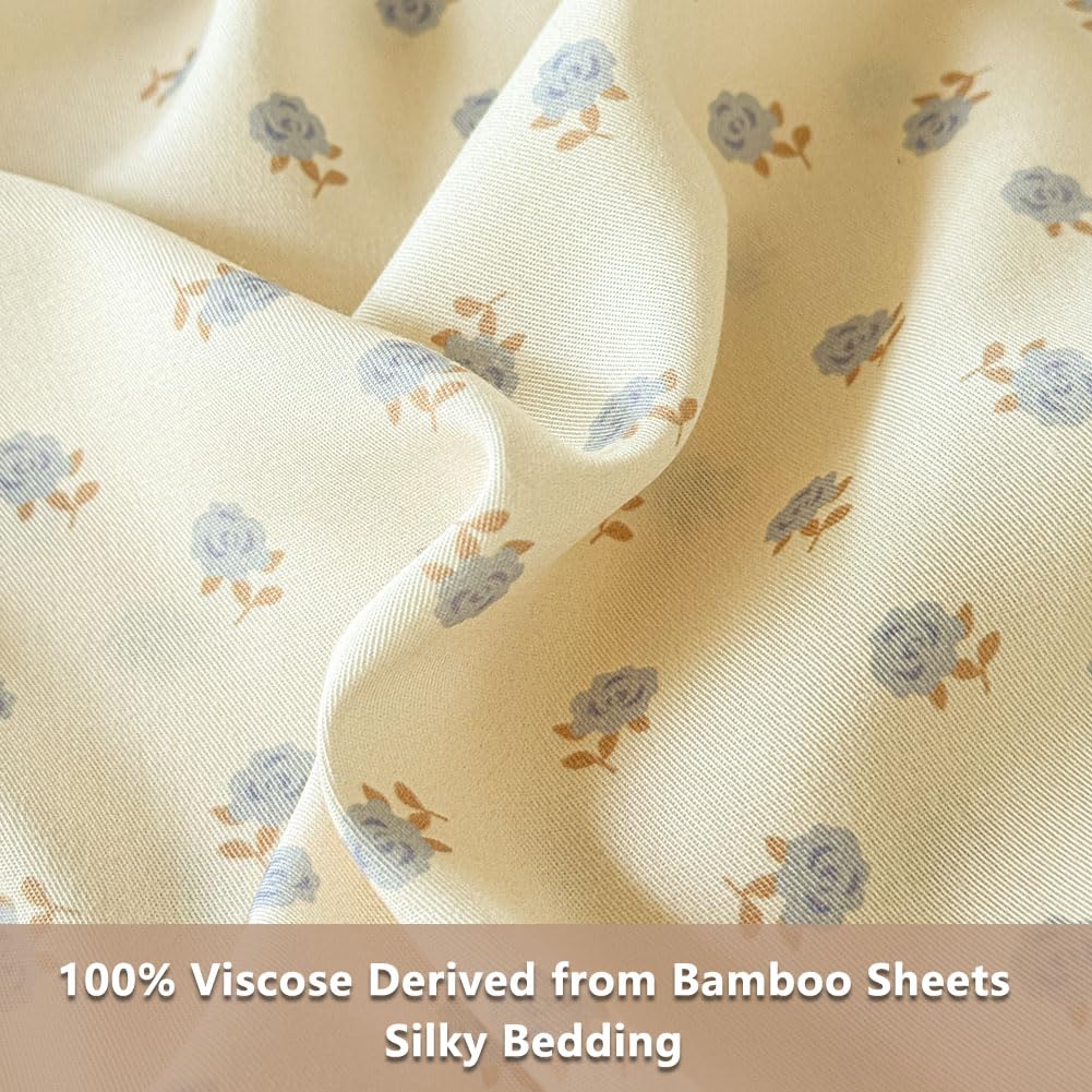 JaTaCa Blue Floral Full Sheet Set, Cooling Boho 100% Viscose Derived from Bamboo Sheets, Silky Bedding for Hot Sleepers, 4-Piece Full Flower Print Bedding Set with Deep Pocket up to 16"