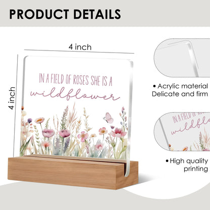 Lacosu Inspirational Desk Decor, Wildflower Acrylic Sign, 4 x 4 Inches, Acrylic & Wood, Home & Office Decor, Motivational Gift