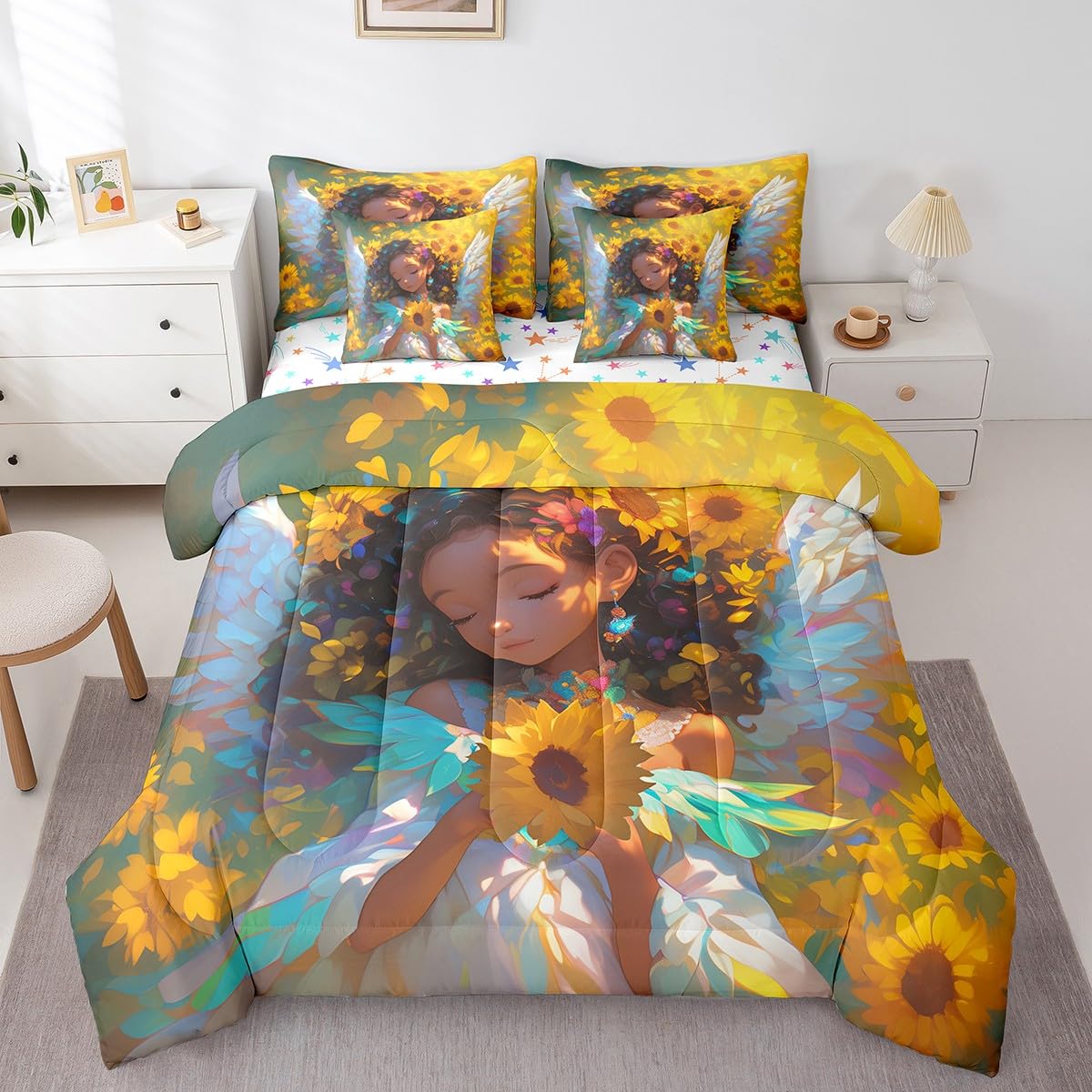 Castle Fairy Dreamy Angel Comforter Set 7 Pieces Twin Size,American Style Cute Girl Bedding Set for Kids,Spring Theme Sunflower (Comforter+Fitted+Flat Sheet+2 Pillowcases+2 Throw Pillow Covers)