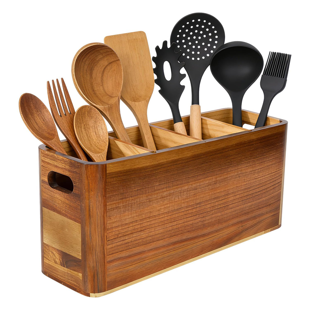 VLXXOI Large 4-Compartment Acacia Wooden Utensil Holder, Rustic Kitchen Counter Organizer, Extra Large Wood Storage Container for Cooking Utensils and Silverware