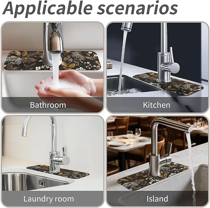 Kitchen Sink Splash Guard，small-flowers and leaves- Faucet Mat Sink