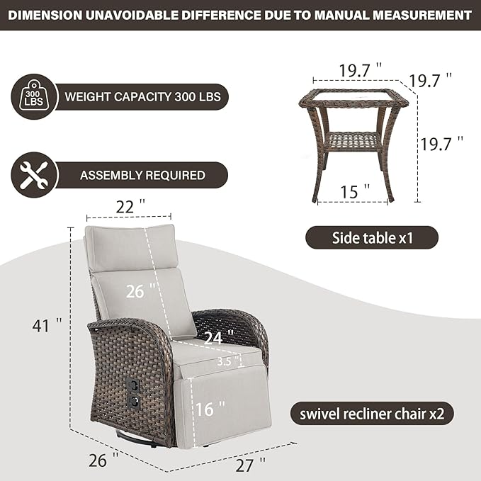 Dual-Adjust Swivel Outdoor Recliner Chair Set of 3 - Reclining Patio Chair with Adjustable Backrest and Footrest, All-Weather Wicker Chaise Lounge Outdoor with Side Table for Deck (Upgraded 2.0)