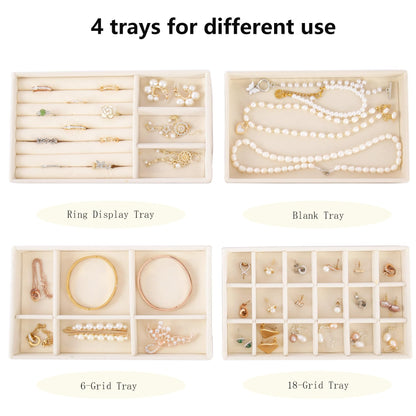 AIRZSNRY Velvet Jewelry Organizer for Drawer, Stackable Jewelry Drawer Inserts in Dresser, 8in Beige Storage Display Case for Rings Stud Necklaces Accessories, Set of 12