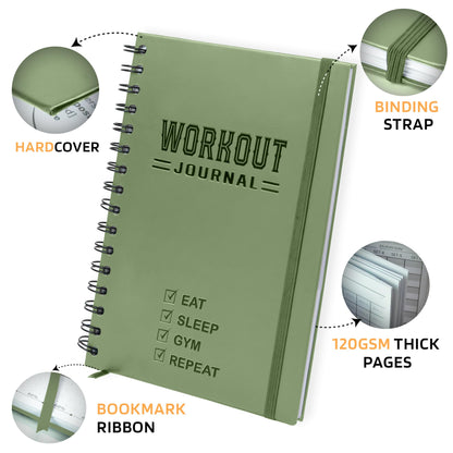 Nextnoid Hardcover Fitness Journal Workout Planner for Men & Women - A5 Sturdy Workout Log Book to Track Gym & Home Workouts - Green