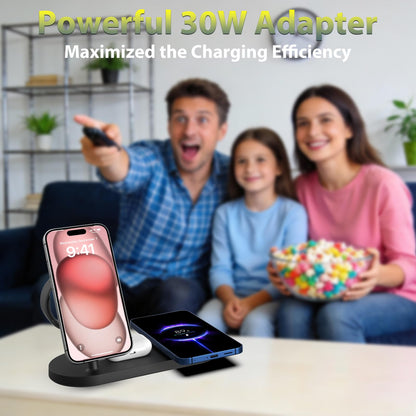Dual Phone Wireless Charger, 30W Magnetic 4 in 1 Charging Station for Apple Devices, Charging Stand for iPhone 17/16/15/14/13/12 Series, Support for Apple Watch11/10 for AirPods4