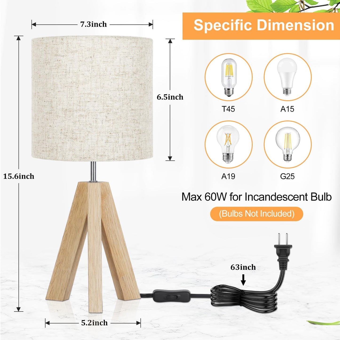 Small Table Lamp, Wooden Tripod Nightstand Lamp with Linen Fabric Shade, Cute Boho Modern Bedside Nightstand Lamp for Bedroom, Living Room, Nursery, Kids Room, Office, Dorm, Bulb Not Included