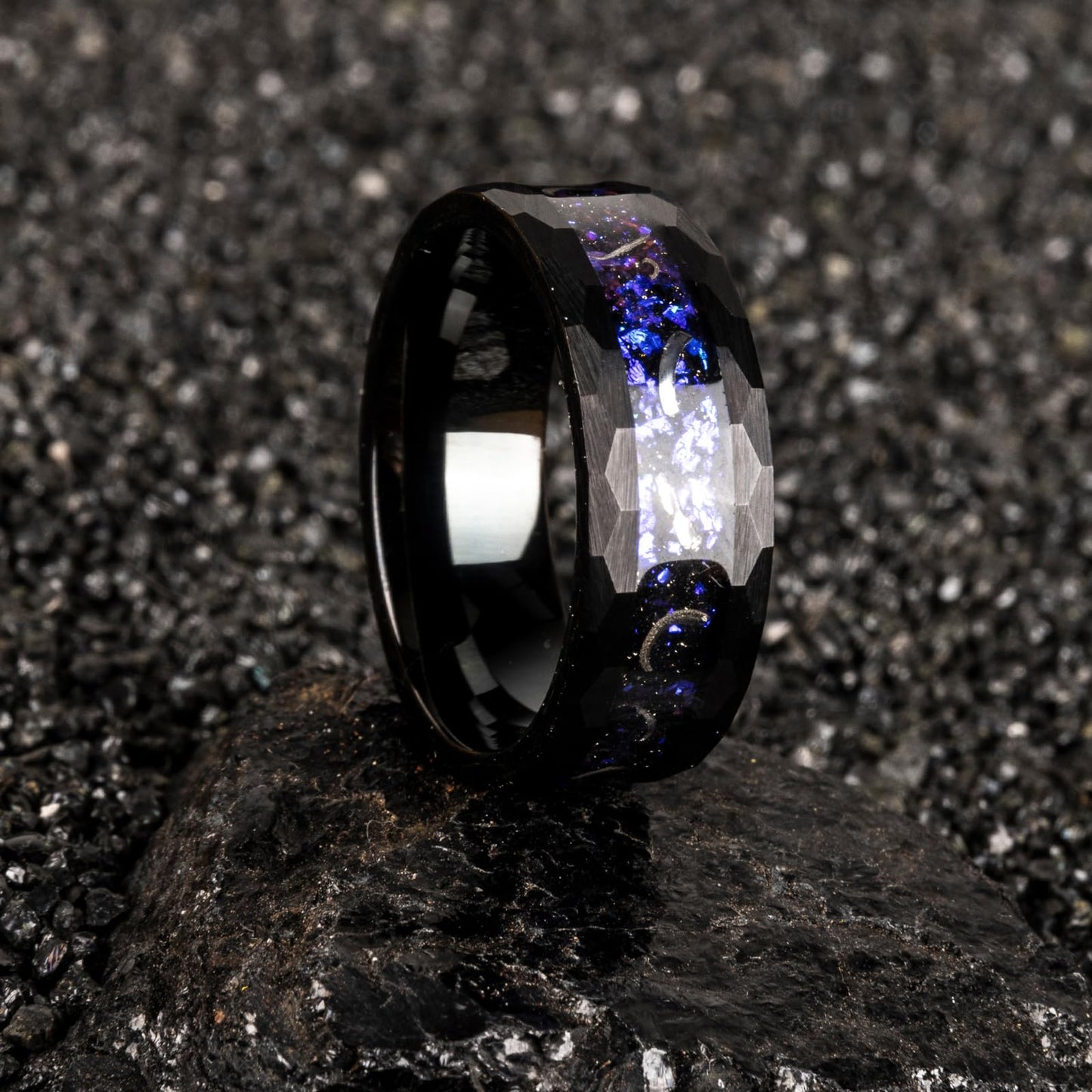 JEWPER 8mm Men Womens Wedding Band Tungsten Rings Black Blue Hammer pattern Fashion Promise Carbide Inlaid Milky Way Foil Iron Filings Matte Finish Edge Comfort Fit Size(10)
