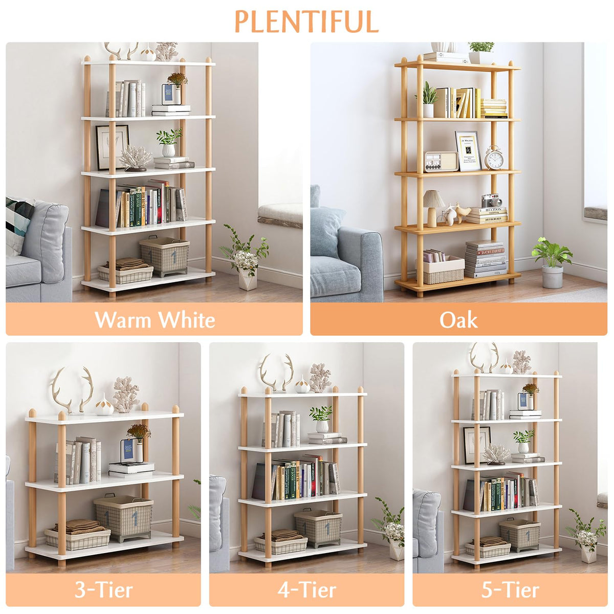 IOTXY 4-Tier Wooden Shelf Bookcase - Modern Open Bookshelf, Free Standing Storage Rack, Multifunctional Display Stand for Home and Office, White, Rectangle