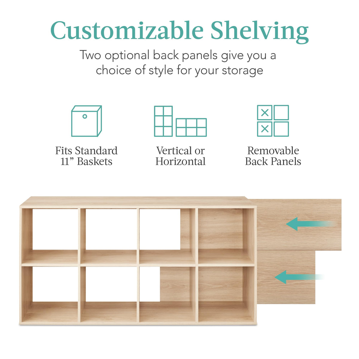 Best Choice Products 8-Cube Storage Organizer, 11in Shelf Opening, Bookcase, Display Shelf, Customizable w/ 3 Removable Back Panels – Light Oak