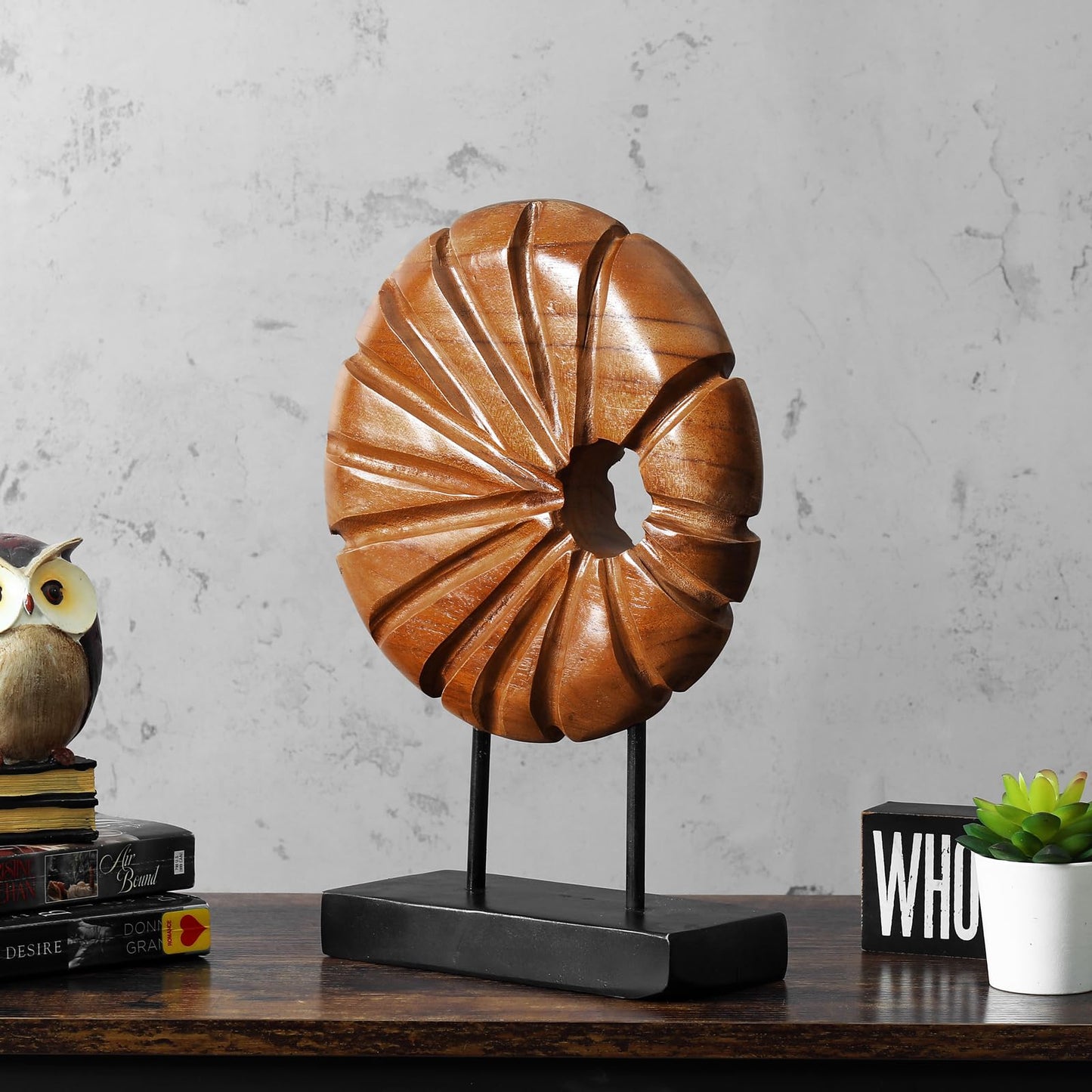 JOLLYMER Teak Sculpture Home Décor for Shelf Sculpture with Base Decoration for Living Room, Bedroom, Office 13.8"X9.8"X3.5"