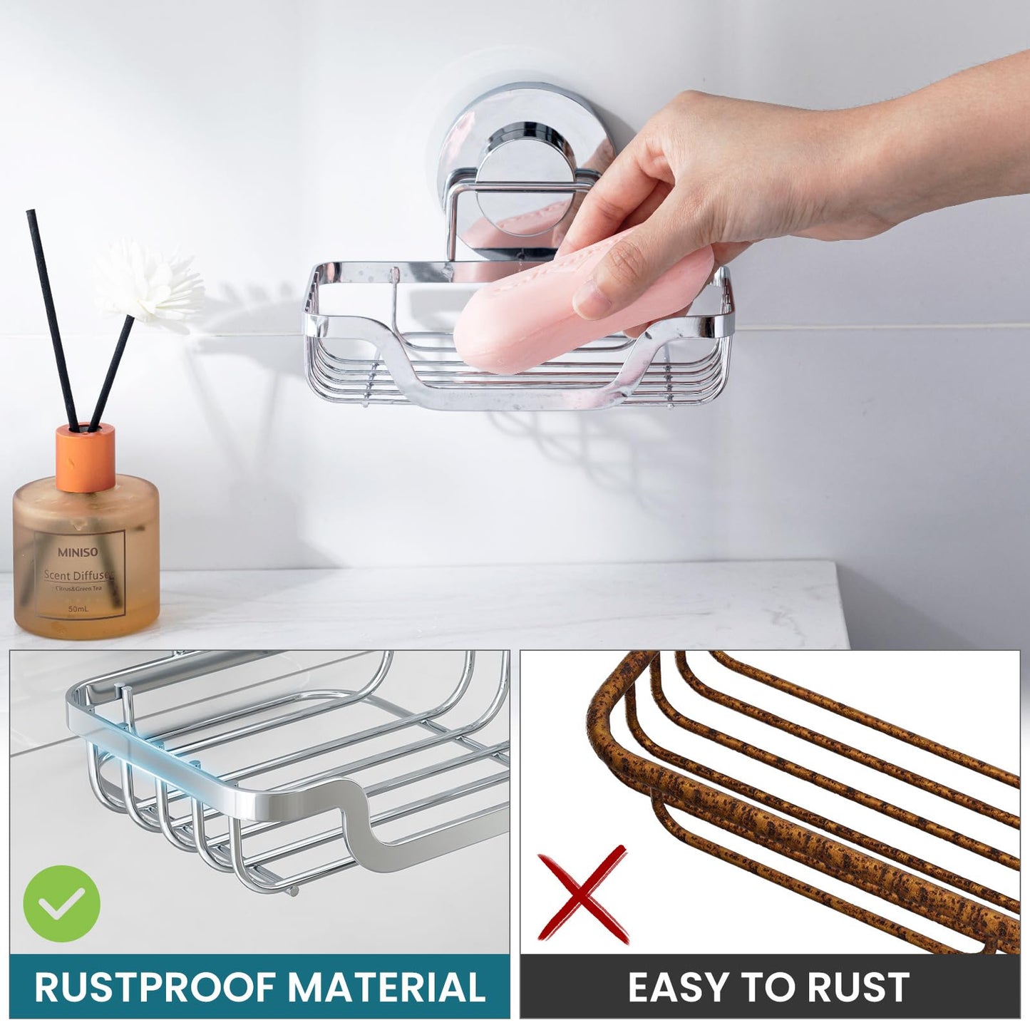 TAILI Soap Holder Dish Suction Cup, Soap Dish for Shower, Suction Bar Soap Holder for Bathroom, Rustproof Stainless Steel Drainable Bath Soap Dish, Drill-Free, Silver