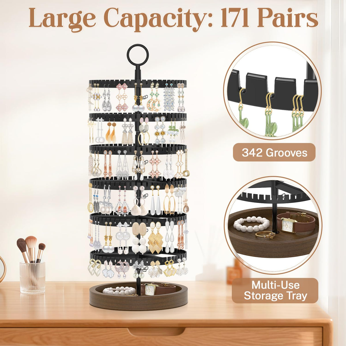 iDavosic.ly 6 Tier Rotating Earring Holder Organizer with Wooden Tray, Large Dangle Display Stands Tree with 342 Plastic Grooves, Adjustable Hoop Storage Rack, Space Saving Tower, Black & Brown