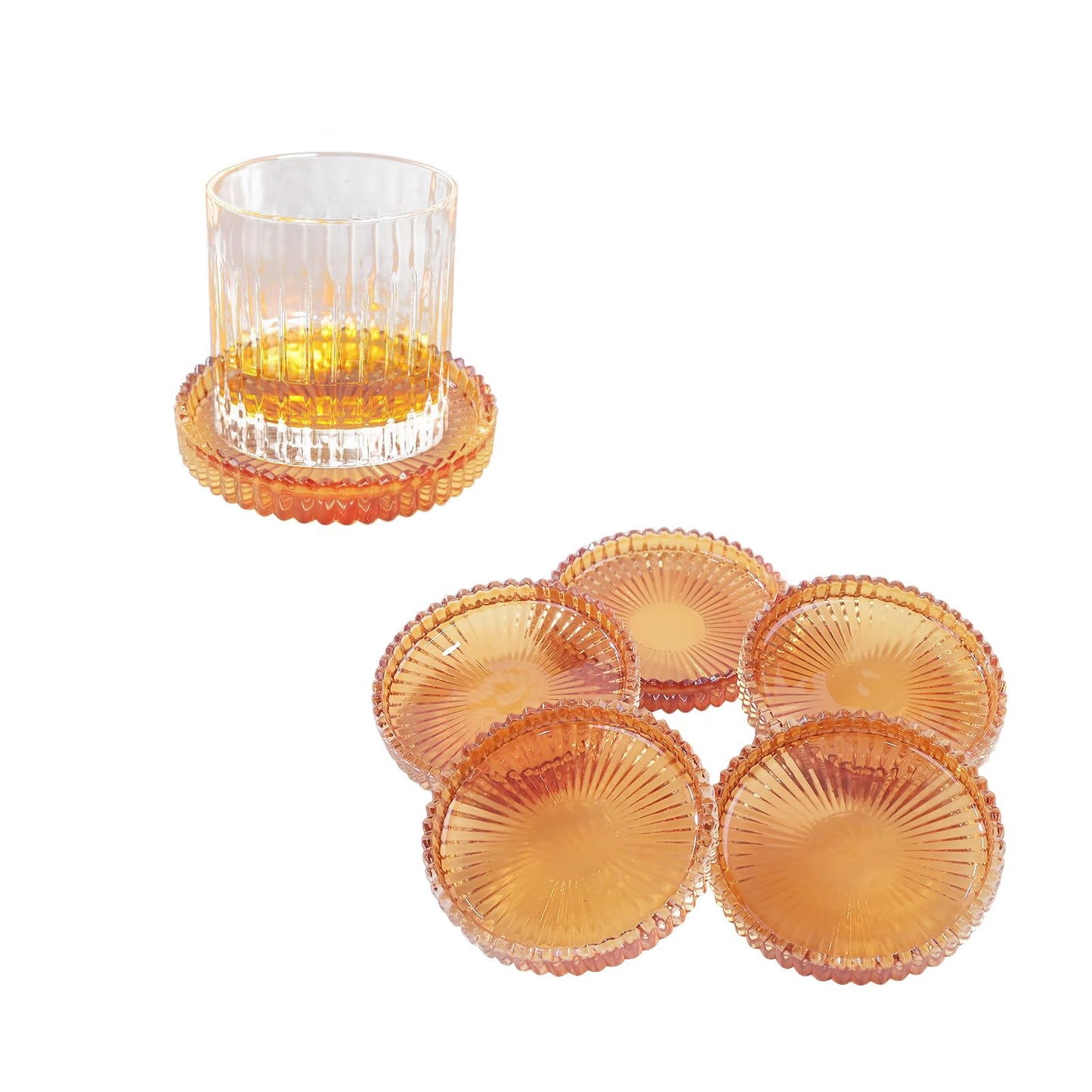 Jollyhilan Glass Coaster 6 Pack Round Cup Coasters for Drinks,Crystal Coffee Coaster,Stylish Drink Coasters for Kitchen Bar Dining Room Living Room Office Decor and Jewelry Storage,Amber