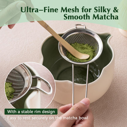 ChaseWind Matcha Set, 8Pcs Floral Ceramic Matcha Kit with Matcha Whisk, Holder, Scoop, Scoop Rest, Sifter, Spoon and Tea Towel - Thoughtful Matcha Whisk Set Gift for Matcha Lovers (Beige & Green)