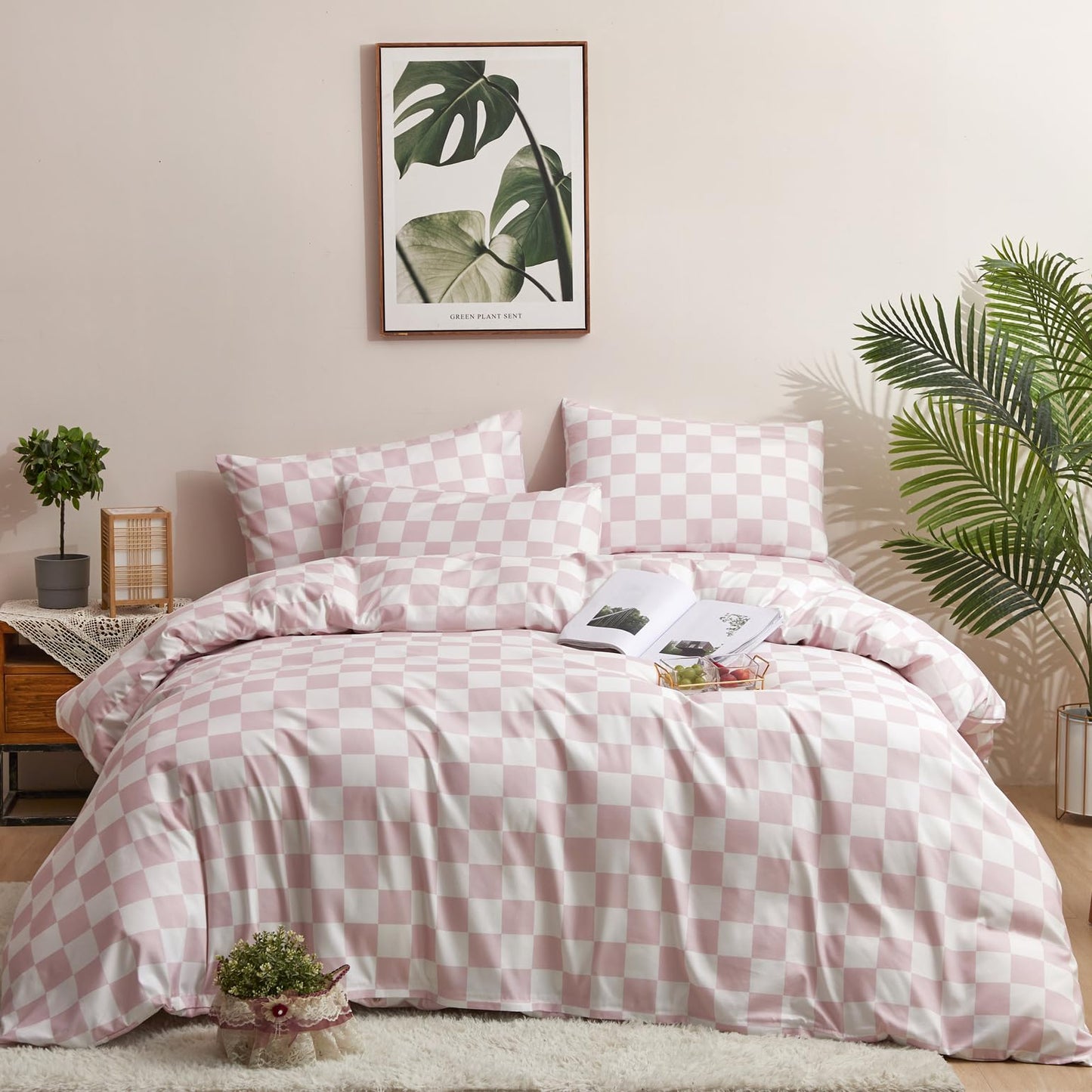 KAREVER Pink Grid Comforter Full Pink Plaid Bedding Set Girls Pink White Checkered Bed Comforter Set Breathable Blanket Set Kids Durable Bedding Comforter Set