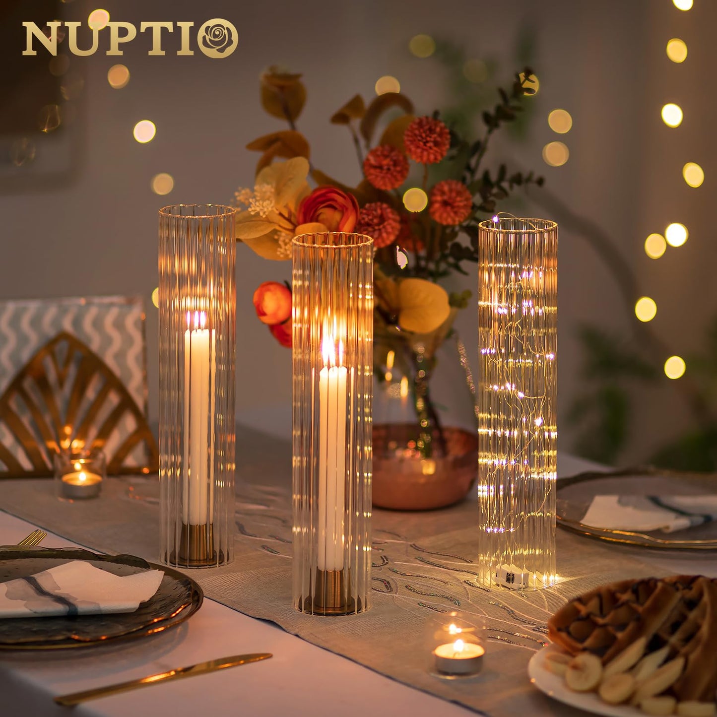 NUPTIO Hurricane Candle Holder Fluted: 2.5 x 12 inches Ribbed Glass Shade for Candlestick - Bulk Decorative Bottomless Cylinder Taper Candle Cover for Outdoor Table Centerpiece