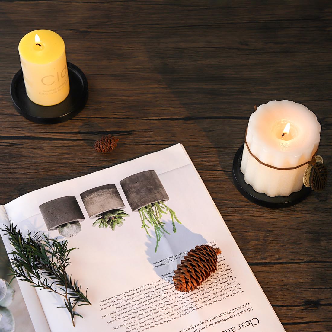 Black Wood Candle Holder - HALE OTEIR Wooden Pillar Candles Tray, Set of 4 Round Wooden Plate Pedestal Stand for Floating or Pillar Candles, Coffee Table Centerpiece for Home Decor