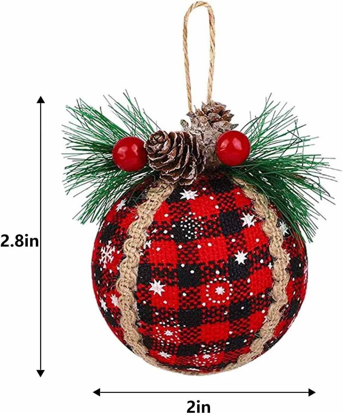 Iceyyyy 9PCS Christmas Plaid Ball Ornaments - 2 Inch Black & Red Buffalo Plaid Fabric Ball Ornaments with Pine Cones and Greenery, Plaid Christmas Tree Hanging Balls Ornament Festive Decoration