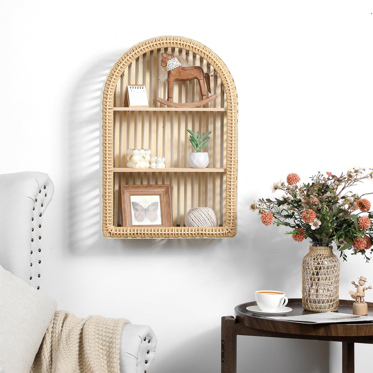 Vercraft Rattan Wall Shelf 3 Tier Boho Wall Mounted Shelf 23.62" x 15.75" Farmhouse Handcraft Bamboo Arched Floating Shelves for Living Room Home Bedroom Storage Decor