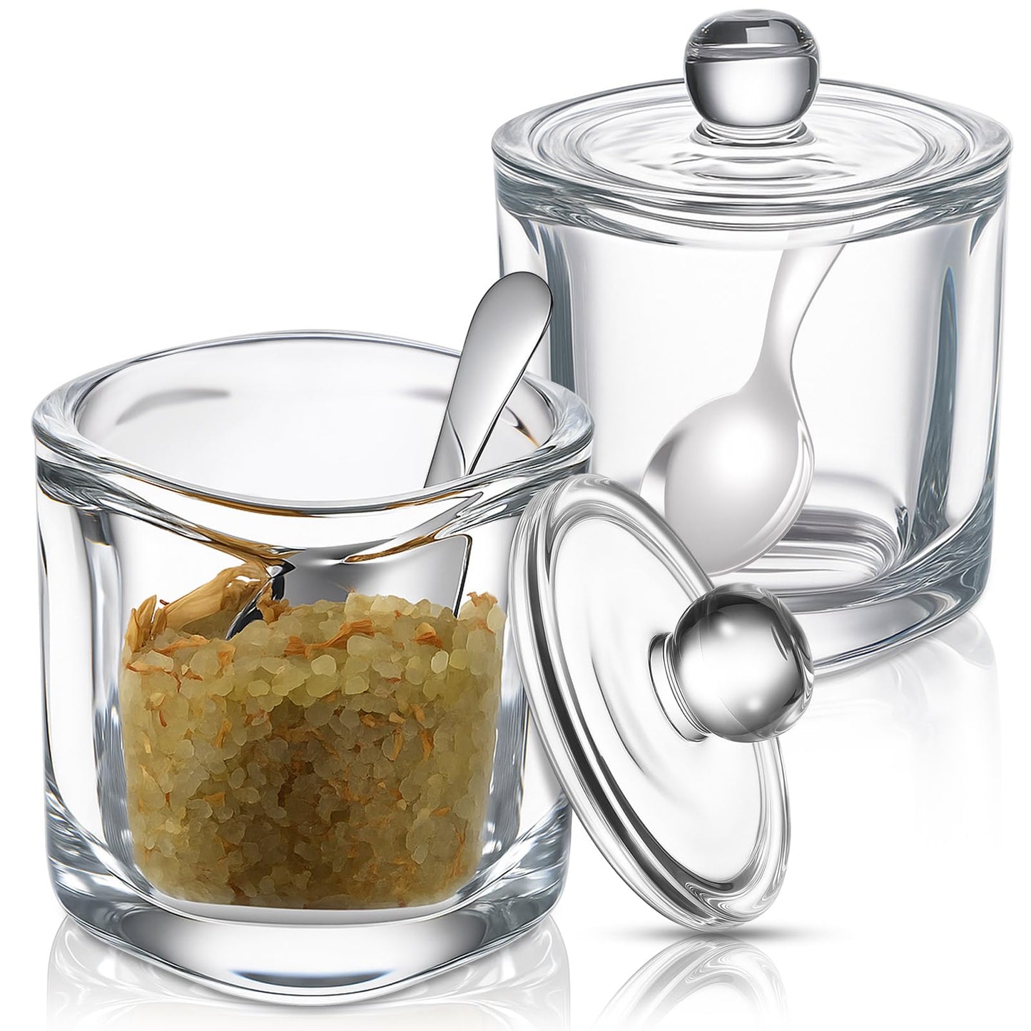 Reallnaive 2 Set Glass Salt Cellar with Lid and Spoon Container for Kosher, Sea, Himalayan Salt, Candy, Pepper, Heavyweight Seasoning Jar, Dishwasher Safe, 8.7oz (White)