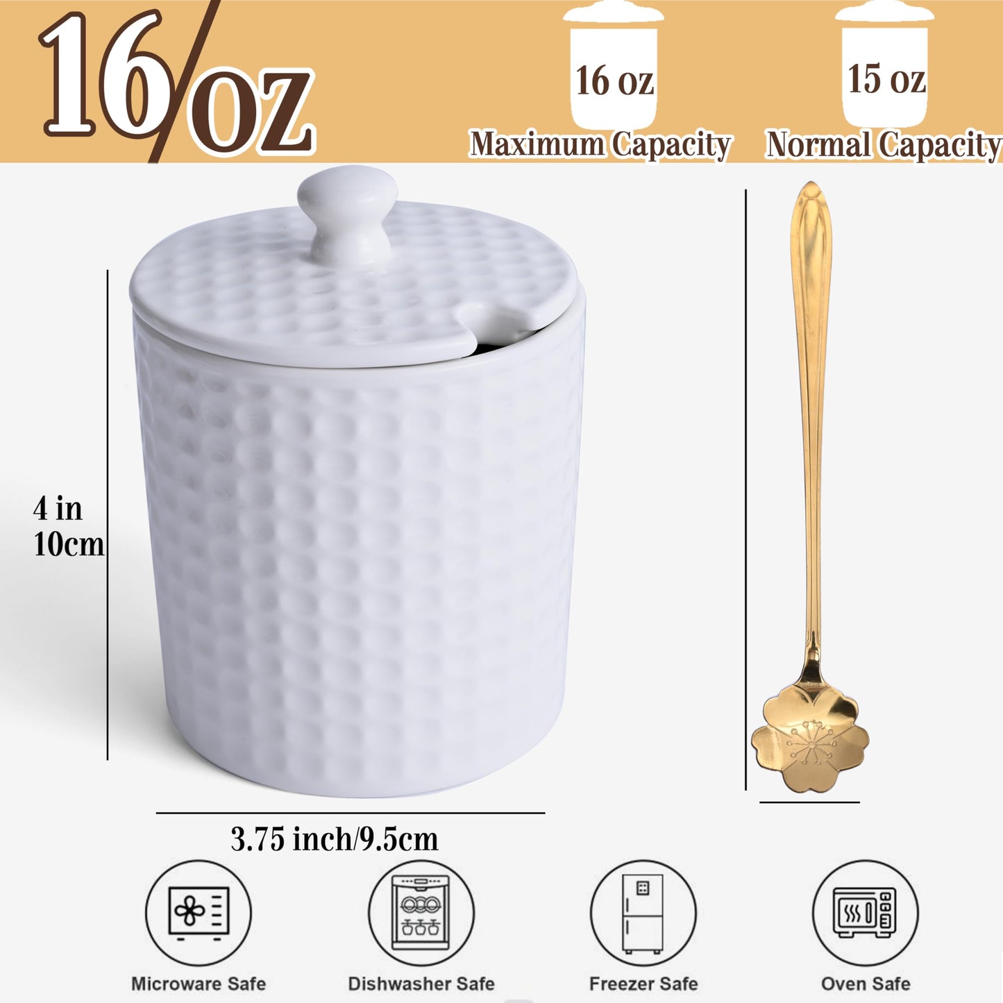 Seworlan Ceramic Sugar Bowl with Lid and Gold Spoon, 16 oz Large Sugar Container for Coffee Bar, Modern Farmhouse Decorative Sugar Holder for Salt, Spice & Seasonings, Dishwasher Safe, White