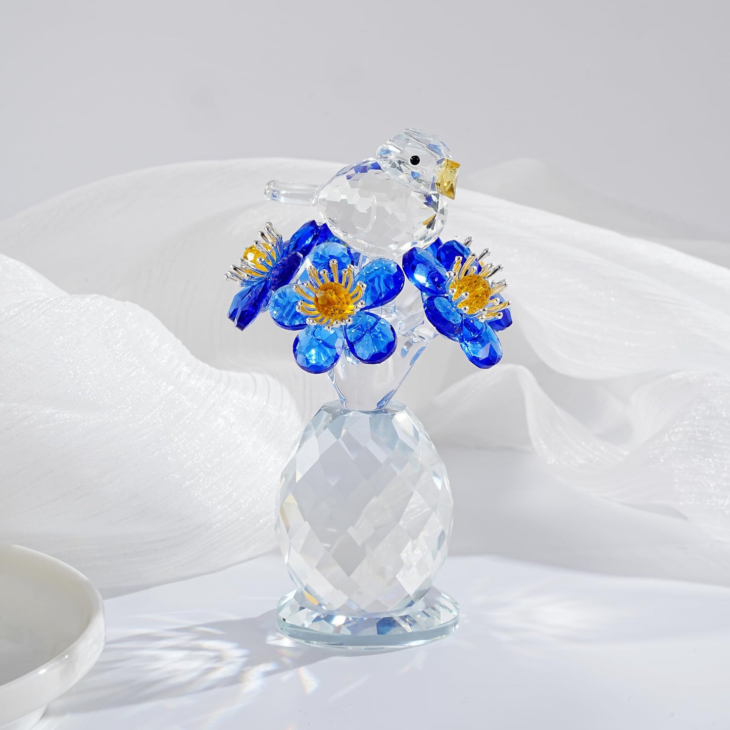 CNCRMEM Crystal Bird & Forget-Me-Not Flower Figurine,3x4 inch Glass Flower Collectible Ornaments for Home Decor Table Centerpiece Glass Bouquet Flowers Keepsake Gifts for Women （Blue）