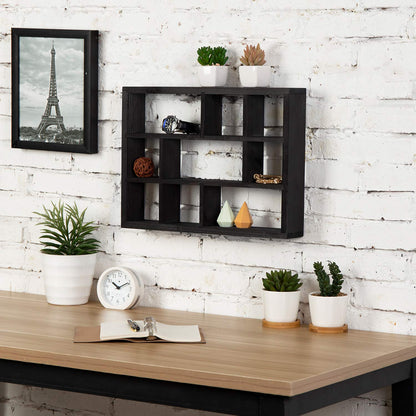MyGift 9 Compartment Vintage Solid Wood Shadow Box, Wall Mountable Curio Display Case, Freestanding or Floating Shelf for Collectible Figurines, Succulents (Matte Black)