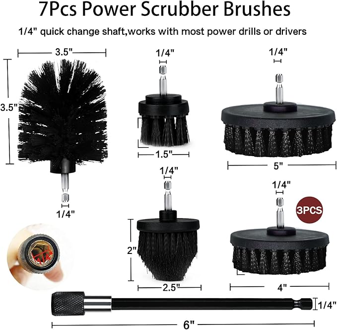 Drill Brush Attachment Set, 7 Pack 1/4in Power Scrubber Brush + Extend Long Rod