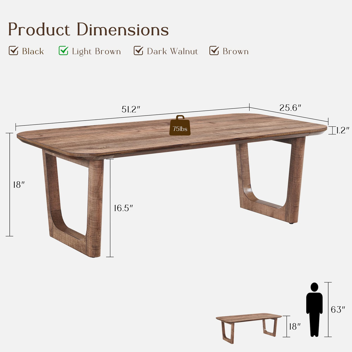 ACCOHOHO Mid Century Modern Coffee Table for Living Room,51.2" Large Rectangle Wood Coffee Table with U-Shaped Legs & Sturdy Base Design,Center Table for Office,Apartment,Light Brown