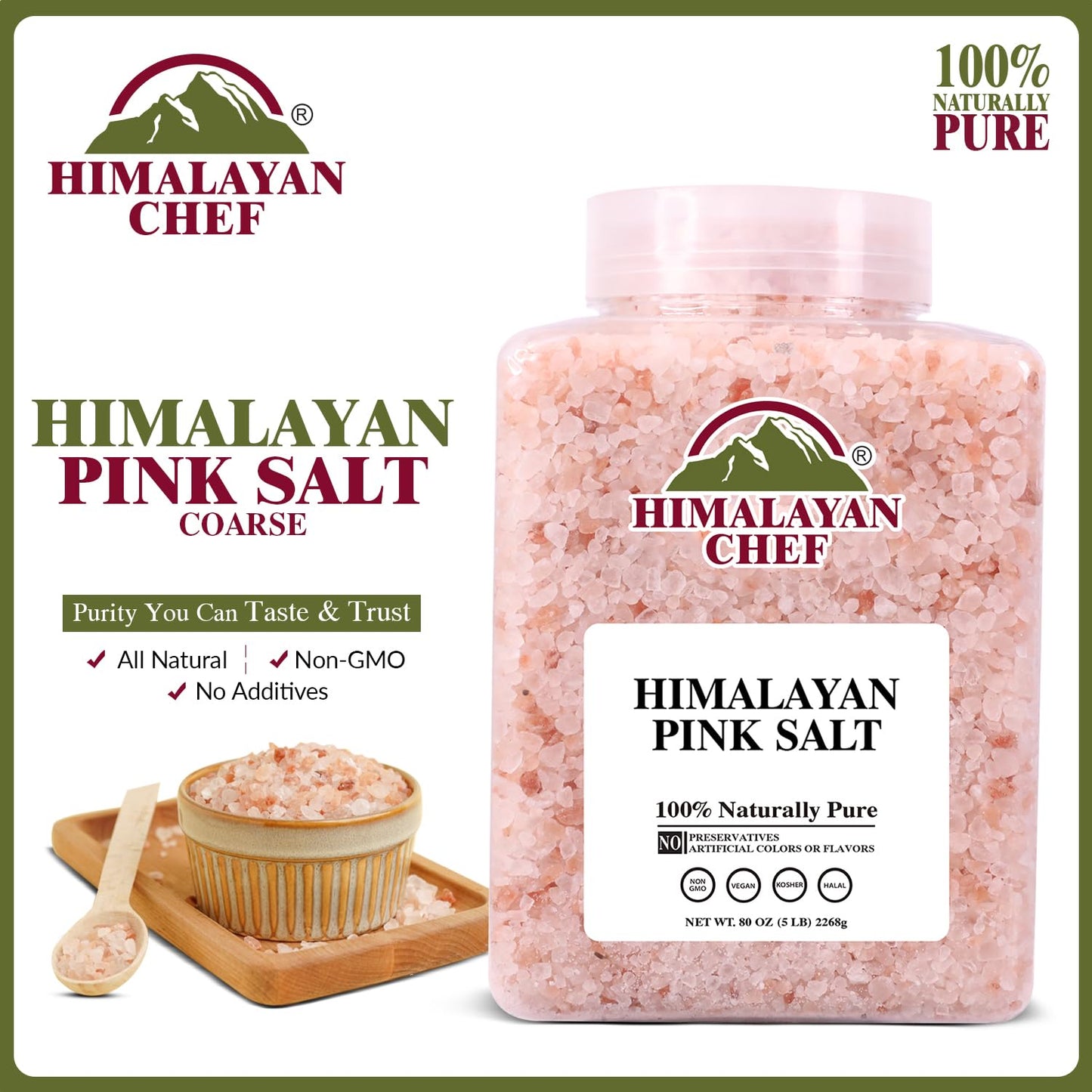 Himalayan Chef Pink Himalayan Salt Coarse Grain, 5 lbs Plastic Jar - Pure, Natural, Kosher, Mineral-Rich, Ideal for Grinder Refills, Cooking, Seasoning