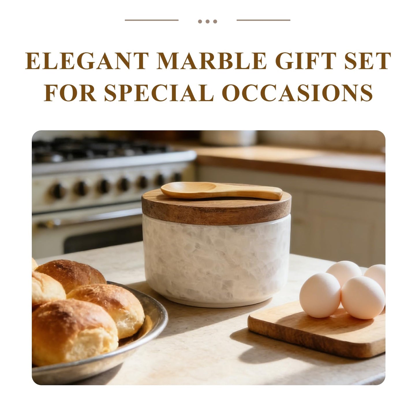 ZJSYTQS White Marble Salt cellar. Spice jars with Acacia Wood Lid and Spoon, Elegant Modern Handcrafted Container for Countertop