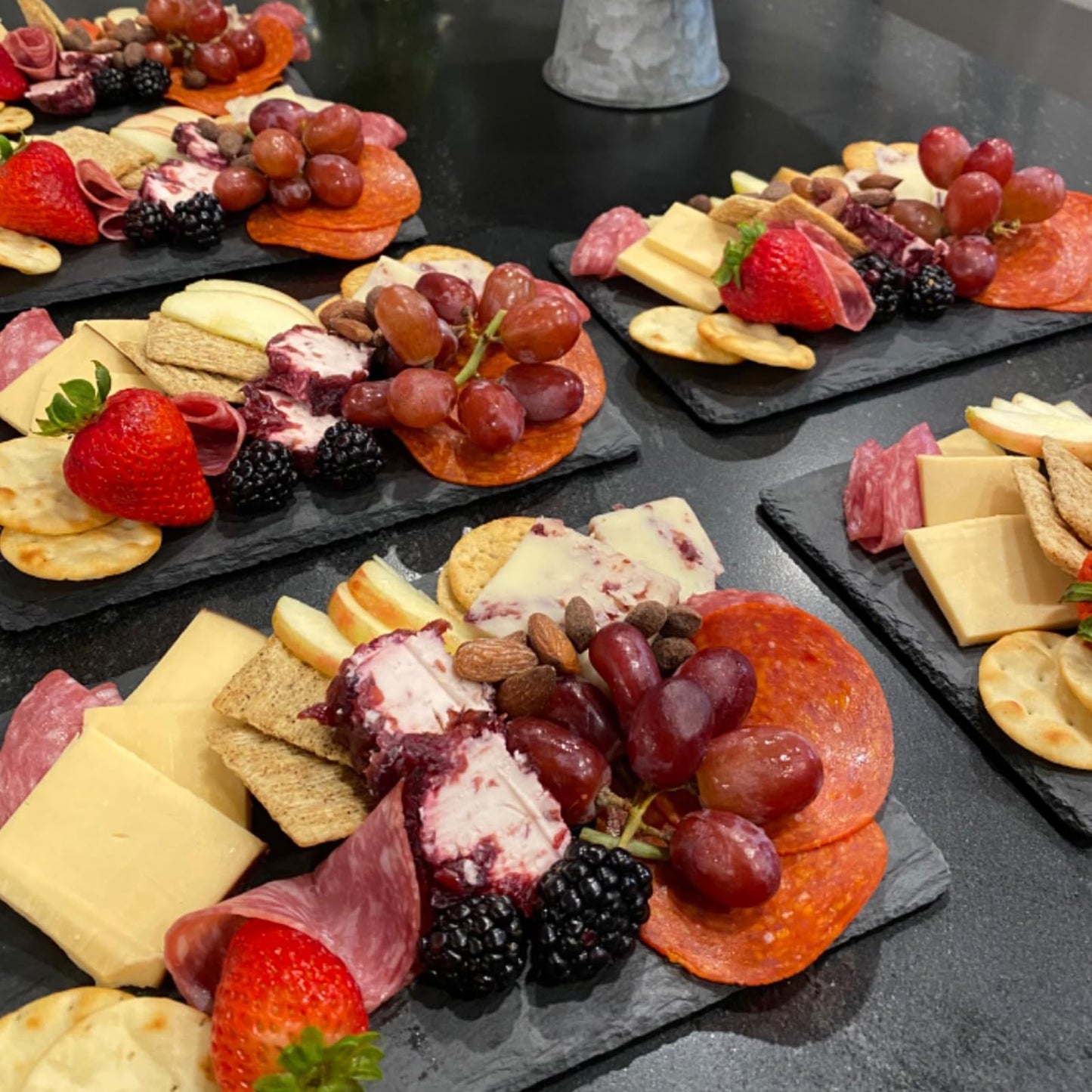 MOUYAT 4 Pack 12x10 Inch Black Slate Plates, Rectangle Slate Cheese Board with Natural Edge, Natural Stone Plates Cutting Board Charcuterie Boards for Cheese, Sushi, Meat, Appetizers