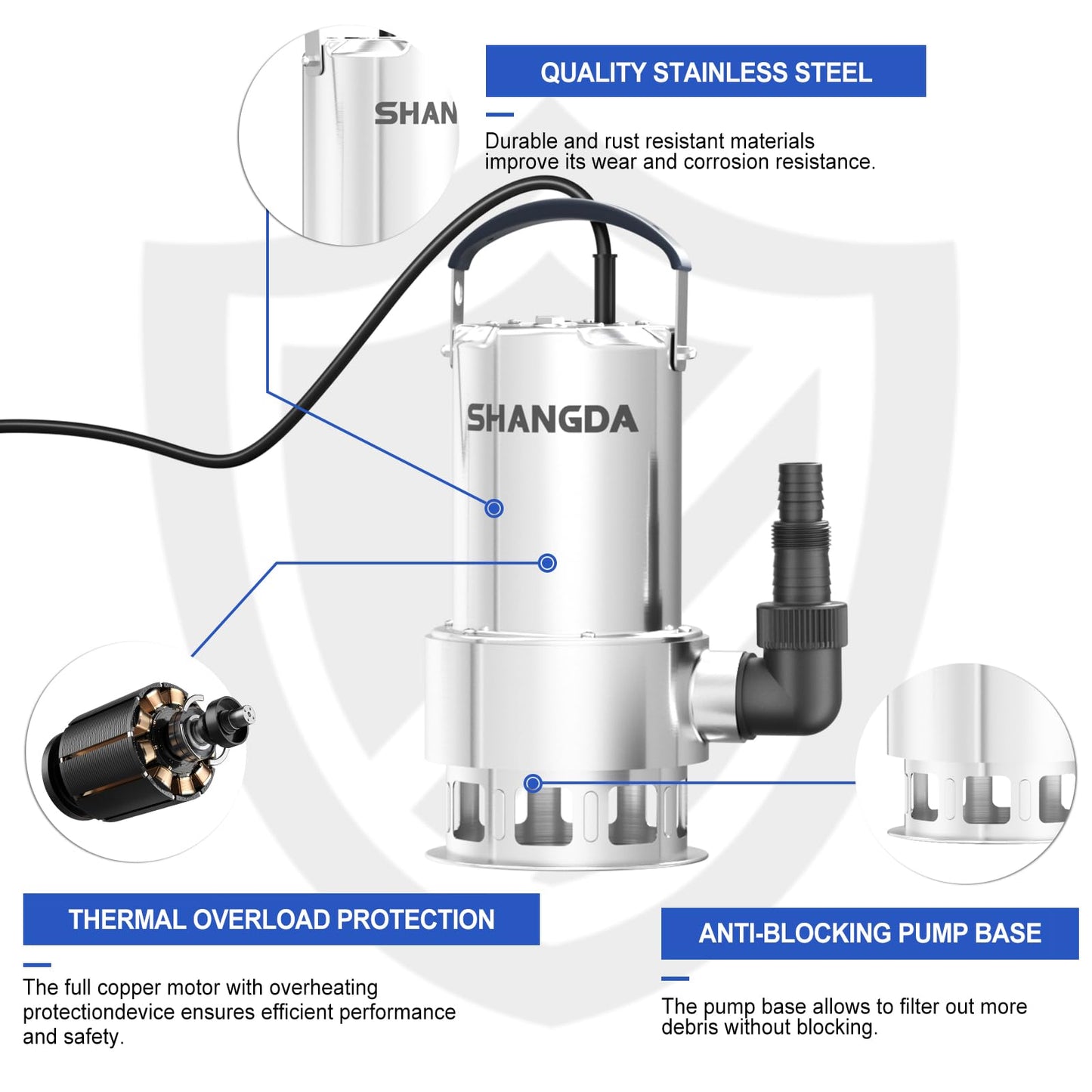 SHANGDA Sump Pump 1HP Submersible Water Pump 4500GPH Stainless Steel Electric Clean/Dirty Water Draining Transfer Pumps with Adapters for Pool Hot Tub Pond